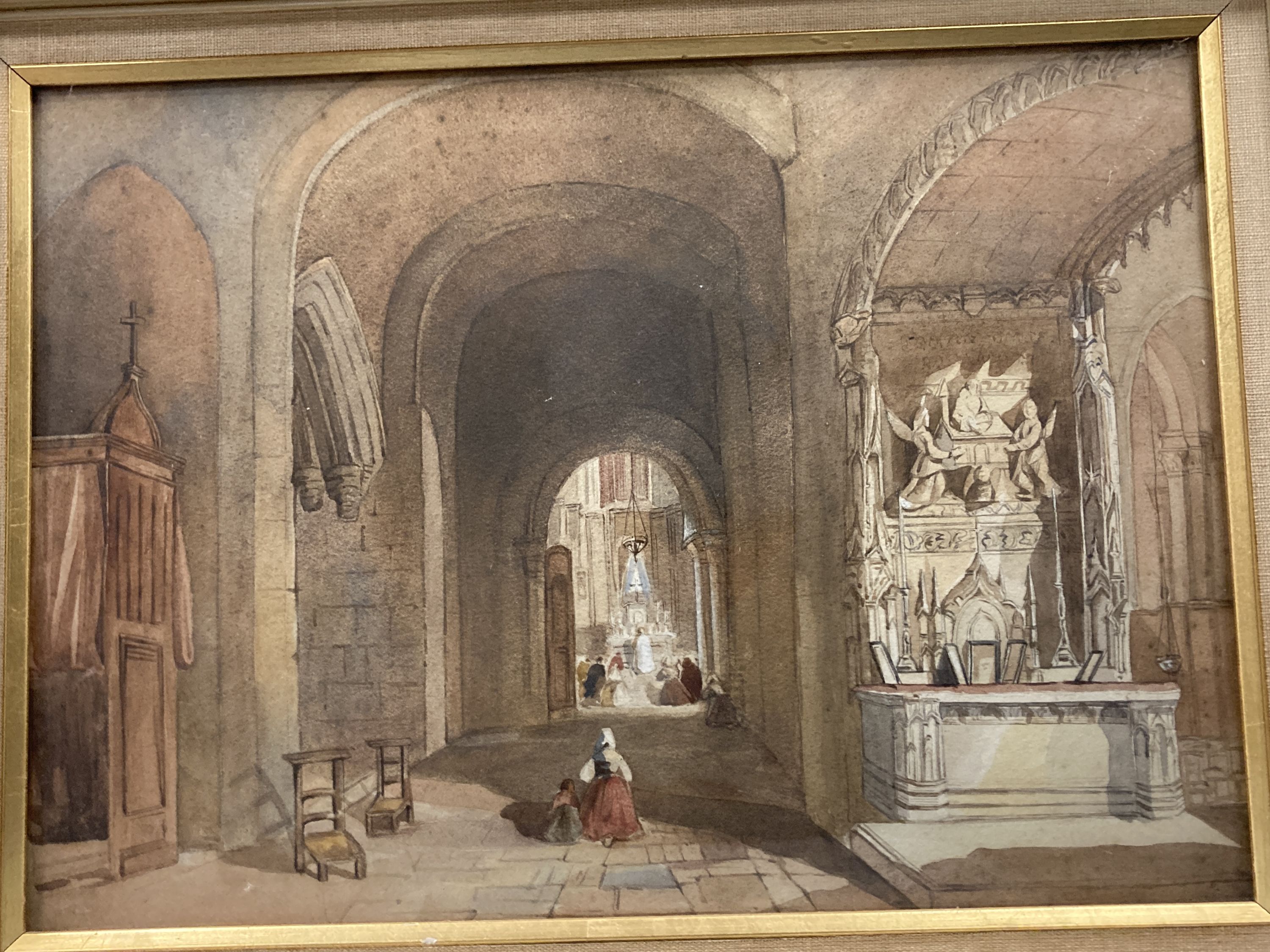 Attrib. to Samuel Gillespie Prout (1822-1911), French church interior, watercolour and a pair of watercolours attributed to Henry Woods